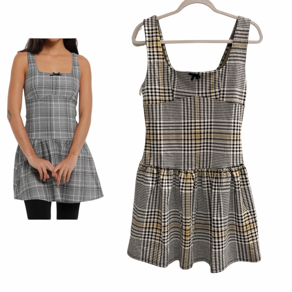 DEREK HEART Square Neck Plaid Mini Dress Black yellow white plaid Size Large